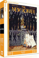 A jigsaw puzzle titled 'Spooked' featuring an illustration of two ghostly figures, trick-or-treating on a spooky Halloween night in front of a haunted house. The artistic design is reminiscent of a classic New Yorker cover from October 27, 1945, with intricate details and a whimsical atmosphere. This puzzle contains 500 pieces and is produced by New York Puzzle Company, made in the USA.