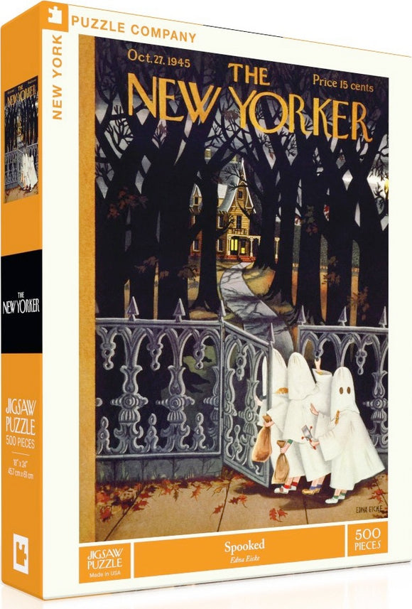A jigsaw puzzle titled 'Spooked' featuring an illustration of two ghostly figures, trick-or-treating on a spooky Halloween night in front of a haunted house. The artistic design is reminiscent of a classic New Yorker cover from October 27, 1945, with intricate details and a whimsical atmosphere. This puzzle contains 500 pieces and is produced by New York Puzzle Company, made in the USA.