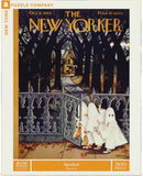 The 'Spooked' jigsaw puzzle by New York Puzzle Company features a vintage illustration from the October 27, 1945 issue of The New Yorker. The artwork depicts three ghostly children in white sheets with bags, approaching a wrought iron gate leading to a spooky, leaf-strewn path that leads to an inviting haunted house, framed by dark, tall trees. The puzzle contains 500 pieces and highlights playful Halloween themes, making it perfect for family fun or seasonal decor.