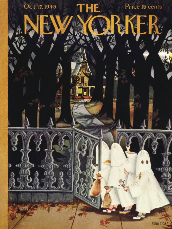 A vintage jigsaw puzzle titled 'Spooked', featuring a whimsical illustration of children dressed as ghosts approaching a spooky old house through a wrought iron gate. The scene is set in a dark, wooded area with autumn leaves scattered on the ground, evoking a playful Halloween atmosphere.