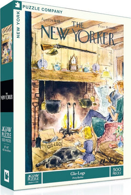Glo-Logs Jigsaw Puzzle by New York Puzzle Company, featuring a cozy scene illustrated by Perry Barlow. It shows a family enjoying time together by a fireplace, with a black dog resting nearby. The puzzle is comprised of 500 pieces, designed to create a charming image that evokes warmth and nostalgia.