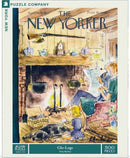 Glo-Logs jigsaw puzzle by New York Puzzle Company featuring a cozy living room scene illustrated by Perry Barlow. The image shows a fireplace, a girl drawing, a dog lying on the floor, and adults reading. The puzzle consists of 500 pieces and depicts a nostalgic setting with detailed artwork reminiscent of The New Yorker magazine style.