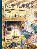 A cozy living room scene featuring a family gathered around a fireplace. A father reads a newspaper while a young girl sits on the floor drawing next to a dog. A box labeled 'GLO-LOGS' is open nearby, hinting at a jigsaw puzzle, with various puzzle pieces scattered around. Warm lighting creates a welcoming atmosphere, evoking feelings of togetherness and creativity.