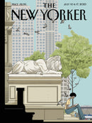 A jigsaw puzzle featuring an illustration inspired by The New Yorker magazine cover. The artwork depicts a serene city scene with a lion statue, a person reading, and birds in flight, surrounded by lush greenery and urban architecture.