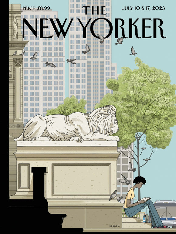 A jigsaw puzzle featuring an illustration inspired by The New Yorker magazine cover. The artwork depicts a serene city scene with a lion statue, a person reading, and birds in flight, surrounded by lush greenery and urban architecture.