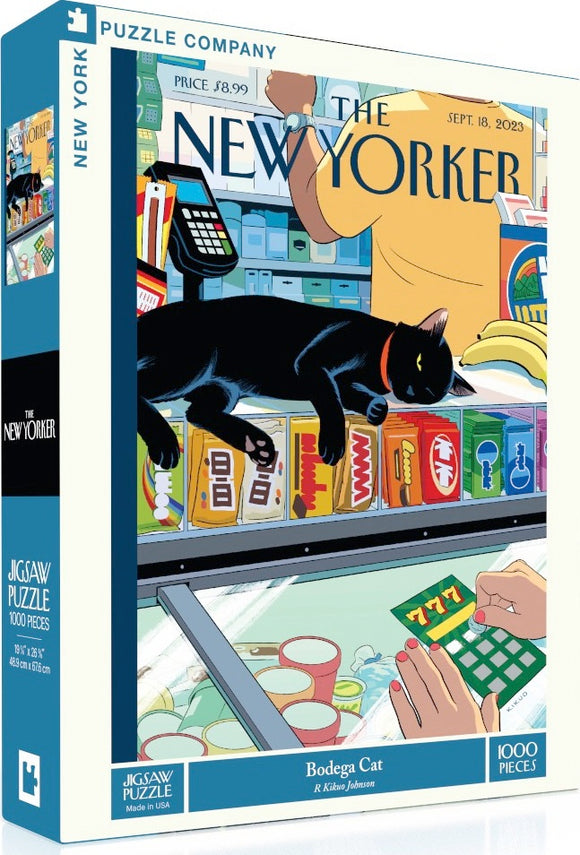 The Bodega Cat jigsaw puzzle by New York Puzzle Company features a vibrant illustration of a black cat lounging atop a store counter filled with various colorful products, including drinks and snacks, capturing the essence of a New York bodega. The box contains 1000 pieces and is suitable for puzzle enthusiasts of all ages.