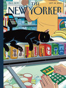 A colorful jigsaw puzzle featuring a black cat lounging on a counter at a bodega. The scene includes various products in the background, highlighting the vibrant atmosphere of a New York store. The cat has a red collar, and a hand is seen scratching off a lottery ticket with a playful design.
