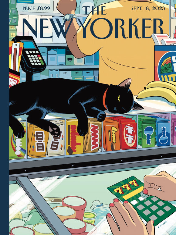 A colorful jigsaw puzzle featuring a black cat lounging on a counter at a bodega. The scene includes various products in the background, highlighting the vibrant atmosphere of a New York store. The cat has a red collar, and a hand is seen scratching off a lottery ticket with a playful design.