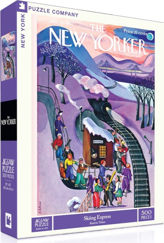 The 'Skiing Express' jigsaw puzzle by New York Puzzle Company features a colorful illustration of a snowy mountainous scene, depicting a vintage train and skiers. The puzzle box showcases the artwork by Beatrice Tobias and includes vibrant colors and lively characters. It contains 500 pieces and is ideal for puzzle enthusiasts and winter lovers.