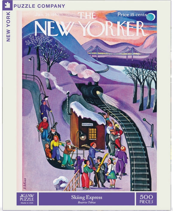 A colorful jigsaw puzzle titled 'Skiing Express' by New York Puzzle Company. It features a vibrant illustration inspired by a New Yorker magazine cover from January 1942, depicting skiers and a train in a snowy landscape. The scene includes trees, people in winter attire, and a train station, capturing a nostalgic winter atmosphere. The puzzle contains 500 pieces.