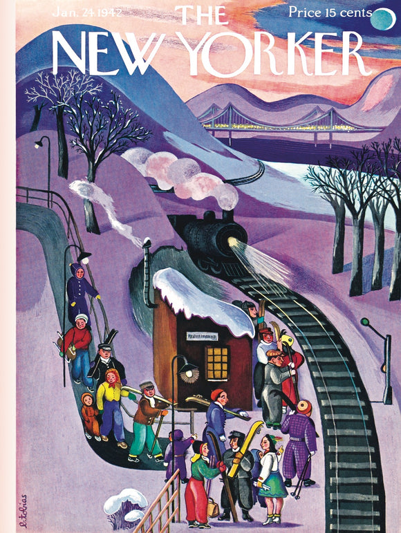 A vibrant jigsaw puzzle illustration depicting a group of skiers waiting at a snowy train station, with a whimsical steam train arriving. The scene is filled with colorful characters carrying skis and enjoying the winter landscape, set against a backdrop of mountains and trees, reminiscent of vintage New Yorker magazine covers.