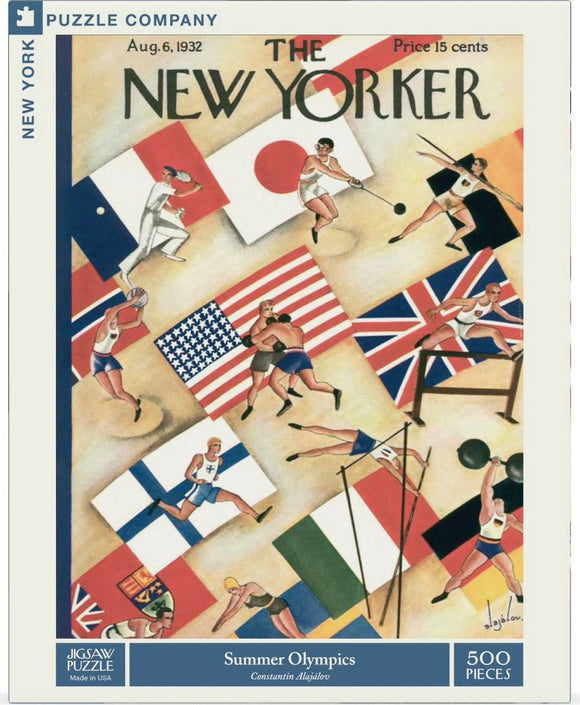 Jigsaw puzzle titled "Summer Olympics" by New York Puzzle Company, featuring vibrant illustrations of athletes in various sports surrounded by flags of different nations. The puzzle contains 500 pieces and is designed by Constantin Alajalov, capturing the spirit of the 1932 Olympics.