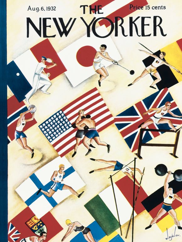 A colorful illustration featuring a variety of athletes engaged in different sports, set against the backdrop of numerous national flags. The artwork highlights the spirit of the Summer Olympics with athletes swimming, wrestling, and participating in track and field events, showcasing cultural diversity and competition.