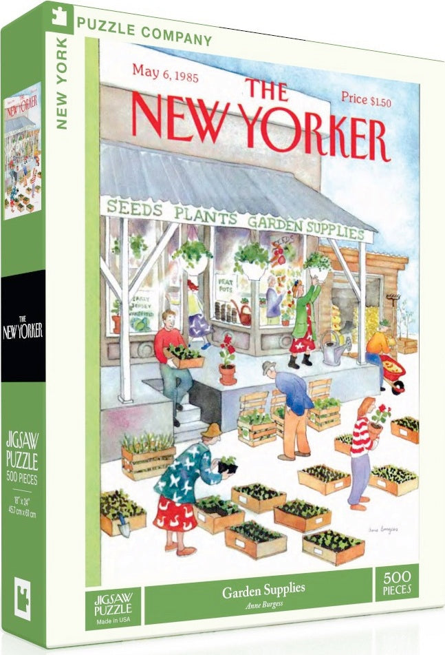 Garden Supplies Jigsaw Puzzle by New York Puzzle Company, featuring colorful artwork by Anne Burgess depicting a vibrant garden center scene with people planting and gardening activities. The puzzle consists of 500 pieces and measures 18x24 inches when completed, perfect for gardening enthusiasts and puzzle lovers alike.