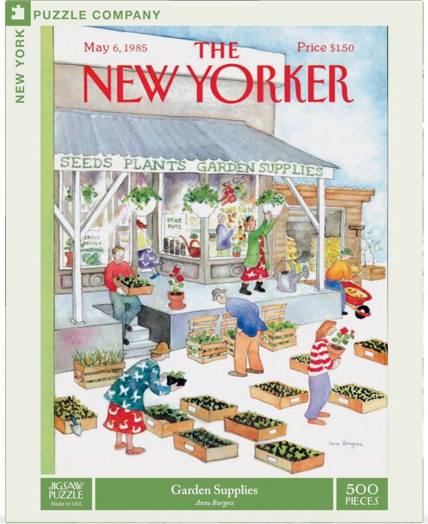 Jigsaw puzzle titled 'Garden Supplies' featuring a colorful illustration of people gardening. The scene includes potted plants, crates of seedlings, and gardening supplies. Artist Anne Burgess. The puzzle contains 500 pieces.