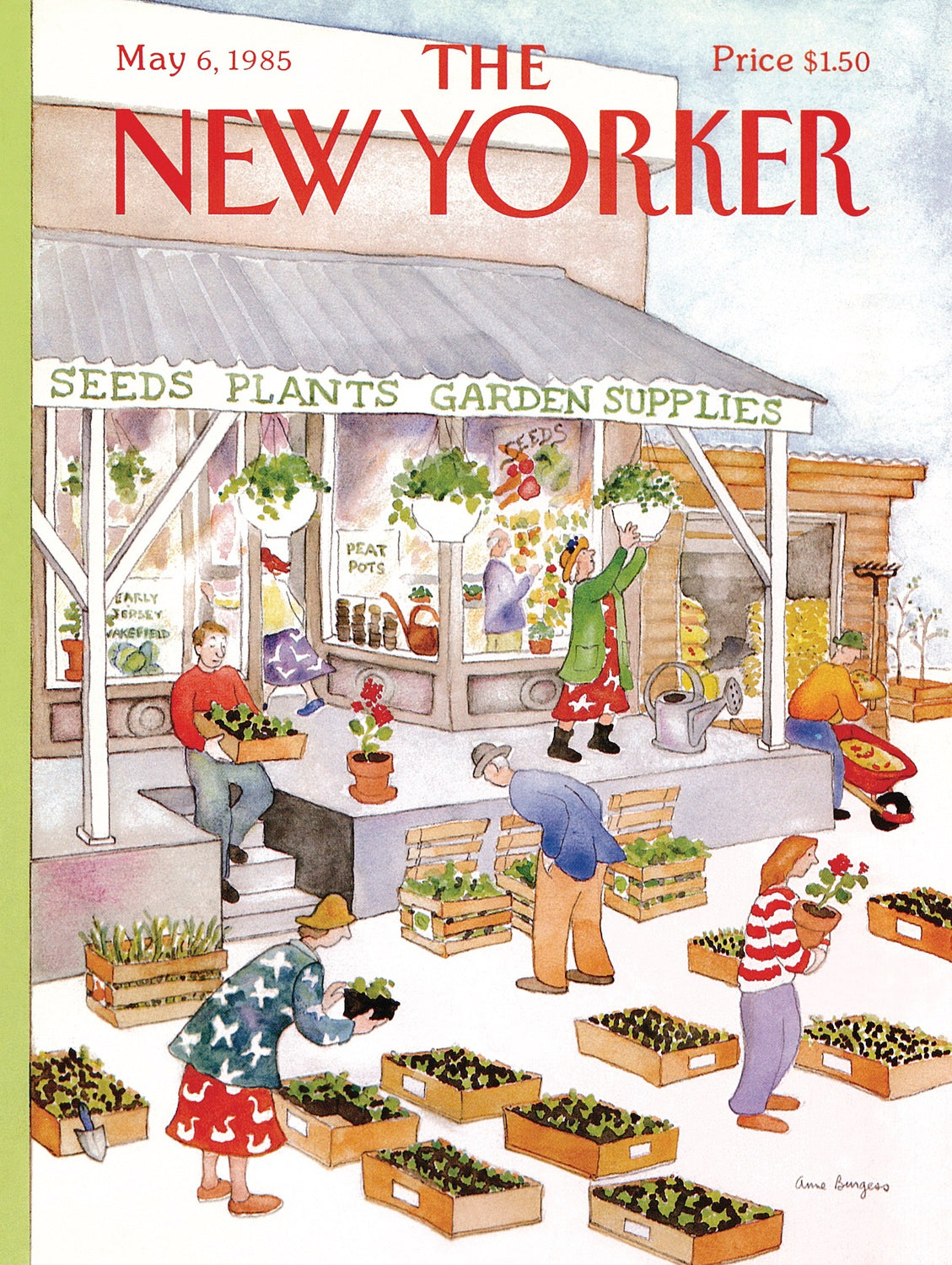 A vintage illustration from The New Yorker featuring a bustling garden supplies shop. Various people are seen buying seeds, plants, and gardening items. Colorful flowers and greenery are ondisplay, enhancing the lively atmosphere of gardening enthusiasm.