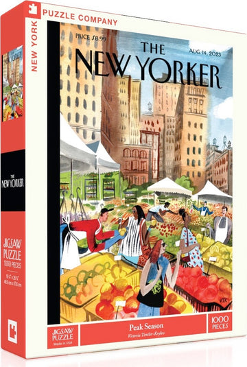 Jigsaw puzzle box for 'Peak Season' by New York Puzzle Company, featuring a vibrant New Yorker illustration of a bustling farmers' market. The puzzle contains 1000 pieces and measures 19 x 28 inches when completed. The scene showcases diverse characters interacting at market stalls filled with fresh produce, with urban buildings in the background.