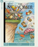 To The Sea jigsaw puzzle by New York Puzzle Company featuring whimsical cartoon animals enjoying a seaside adventure, complete with colorful umbrellas and playful gestures, presented in a vibrant and detailed illustration.