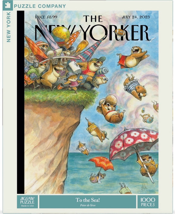 To The Sea jigsaw puzzle by New York Puzzle Company featuring whimsical cartoon animals enjoying a seaside adventure, complete with colorful umbrellas and playful gestures, presented in a vibrant and detailed illustration.