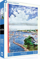 The Steady Breeze jigsaw puzzle by New York Puzzle Company features a colorful, vintage New Yorker magazine cover illustration from June 13, 1964. The artwork, created by Albert Hubbell, depicts a serene waterfront scene filled with sailboats, lush greenery, and quaint buildings, showcasing a peaceful day on the water. The puzzle contains 500 pieces and measures 18 x 24 inches when completed.