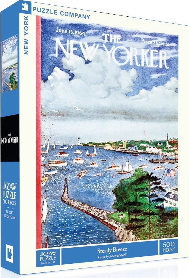 The Steady Breeze jigsaw puzzle by New York Puzzle Company features a colorful, vintage New Yorker magazine cover illustration from June 13, 1964. The artwork, created by Albert Hubbell, depicts a serene waterfront scene filled with sailboats, lush greenery, and quaint buildings, showcasing a peaceful day on the water. The puzzle contains 500 pieces and measures 18 x 24 inches when completed.