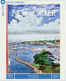 Steady Breeze jigsaw puzzle featuring a vibrant, picturesque landscape from a New Yorker cover dated June 13, 1964, illustrated by Albert Hubbell. The image showcases a serene harbor scene with sailboats, greenery, and a lighthouse, perfect for puzzle enthusiasts who appreciate art and nostalgia.