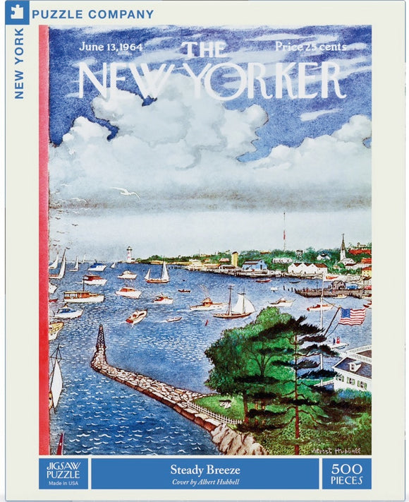 Steady Breeze jigsaw puzzle featuring a vibrant, picturesque landscape from a New Yorker cover dated June 13, 1964, illustrated by Albert Hubbell. The image showcases a serene harbor scene with sailboats, greenery, and a lighthouse, perfect for puzzle enthusiasts who appreciate art and nostalgia.