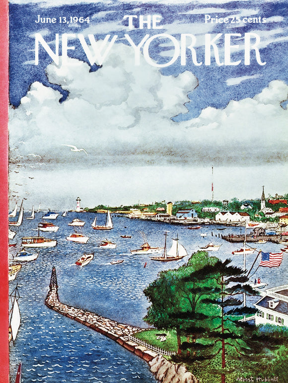 A colorful jigsaw puzzle depicting a coastal scene with boats sailing in the water, surrounded by lush greenery and buildings, featuring the iconic New Yorker magazine cover art from June 13, 1964.