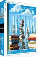 BOOKOPOLIS jigsaw puzzle by New York Puzzle Company featuring a whimsical illustration of a man reading atop stacks of books. The puzzle consists of 1000 pieces and measures 19 x 28 inches when completed. Ideal for book lovers and puzzle enthusiasts, it showcases a creative and colorful design inspired by literature.