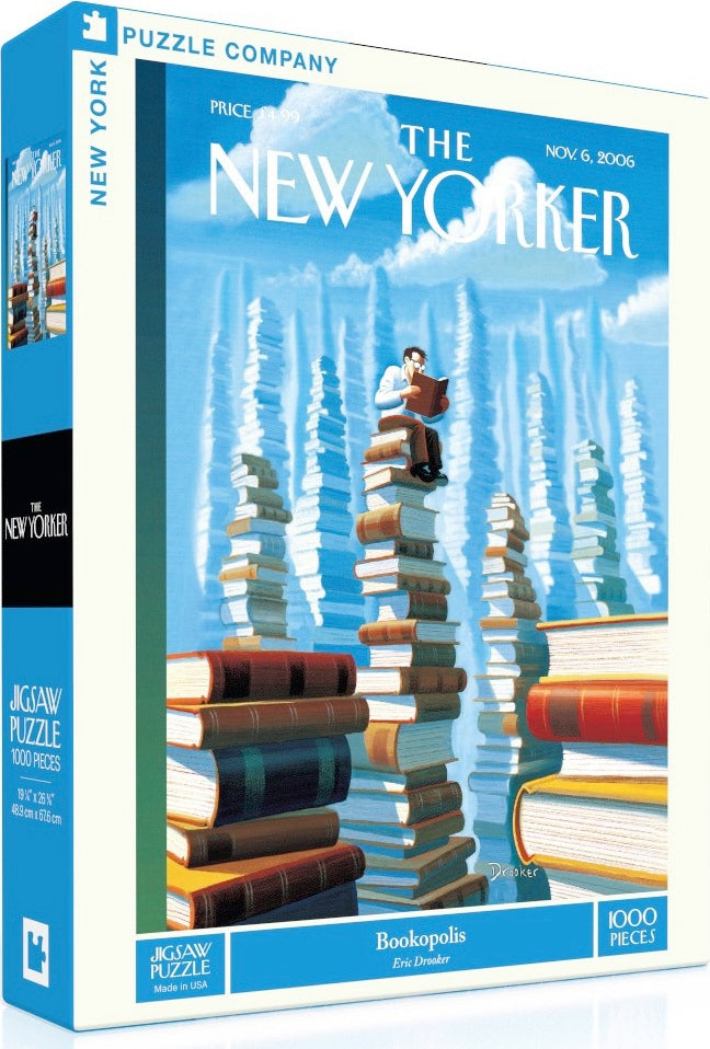 BOOKOPOLIS jigsaw puzzle by New York Puzzle Company featuring a whimsical illustration of a man reading atop stacks of books. The puzzle consists of 1000 pieces and measures 19 x 28 inches when completed. Ideal for book lovers and puzzle enthusiasts, it showcases a creative and colorful design inspired by literature.