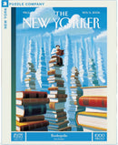 The Bookopolis jigsaw puzzle by New York Puzzle Company features a whimsical illustration of a man reading atop a stack of colorful books, surrounded by floating books in a dreamy sky. This 1000-piece puzzle showcases artistic design, perfect for book lovers and puzzle enthusiasts.