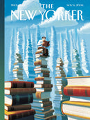 A vibrant jigsaw puzzle featuring an illustrated cover of The New Yorker magazine from November 6, 2006. The artwork depicts a man reading a book while sitting atop stacks of colorful books against a whimsical blue sky, creating a sense of literary adventure and imagination.