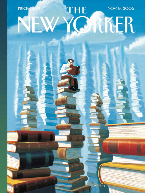 A vibrant jigsaw puzzle featuring an illustrated cover of The New Yorker magazine from November 6, 2006. The artwork depicts a man reading a book while sitting atop stacks of colorful books against a whimsical blue sky, creating a sense of literary adventure and imagination.