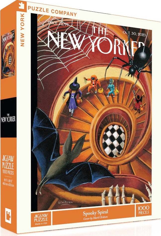 The Spooky Spiral jigsaw puzzle by New York Puzzle Company features a whimsical design with a winding staircase, bats, spiders, and Halloween-themed elements, perfect for puzzle enthusiasts. It has 1000 pieces and is based on the artwork by Mark Ulrichsen.