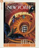 The Spooky Spiral jigsaw puzzle by New York Puzzle Company features an artistic cover by Mark Ulrichen, showcasing a spiral staircase adorned with Halloween characters, including pumpkins and ghosts. The artwork is complemented by a large spider and a bat, creating a whimsical and spooky atmosphere perfect for Halloween. This puzzle contains 1000 pieces and is a colorful and engaging way to celebrate the season.