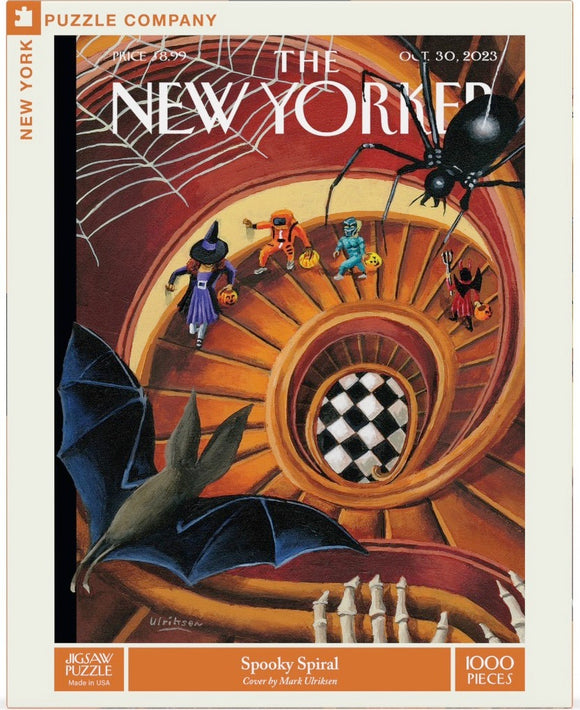 The Spooky Spiral jigsaw puzzle by New York Puzzle Company features an artistic cover by Mark Ulrichen, showcasing a spiral staircase adorned with Halloween characters, including pumpkins and ghosts. The artwork is complemented by a large spider and a bat, creating a whimsical and spooky atmosphere perfect for Halloween. This puzzle contains 1000 pieces and is a colorful and engaging way to celebrate the season.