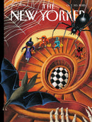An artistic jigsaw puzzle design titled 'Spooky Spiral' featuring Halloween themes, including costumed characters, a large spider, bats, and skeletal elements, all set in a spiraling staircase adorned with cobwebs, vibrant colors, and a captivating checkerboard pattern.