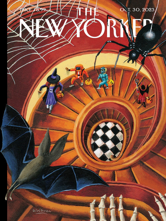 An artistic jigsaw puzzle design titled 'Spooky Spiral' featuring Halloween themes, including costumed characters, a large spider, bats, and skeletal elements, all set in a spiraling staircase adorned with cobwebs, vibrant colors, and a captivating checkerboard pattern.