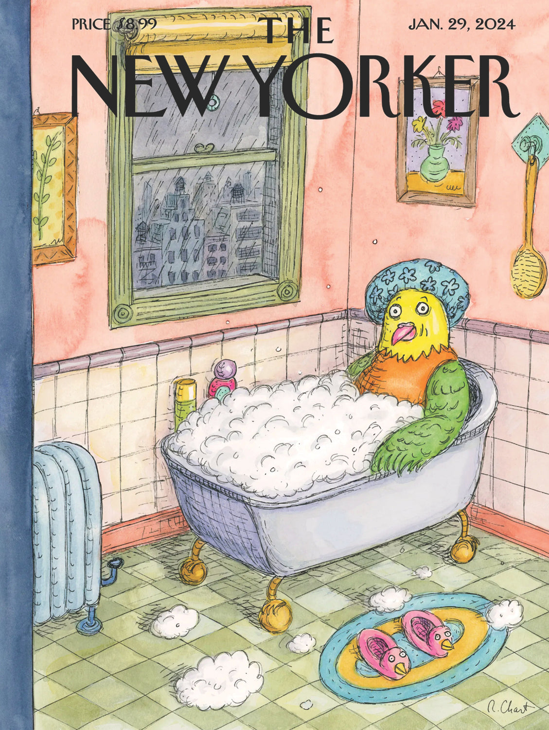 A whimsical jigsaw puzzle titled 'Bird Bath' by New York Puzzle Company features a cartoonish bird lounging in a frothy bathtub. The setting includes a colorful bathroom with quirky decor, creating a playful ambiance. The puzzle captures the imaginative essence of birds enjoying a bath, inviting users to engage with its charming illustration while piecing it together.