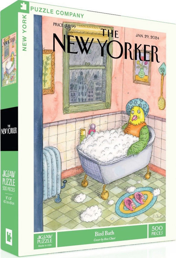 A colorful jigsaw puzzle box titled 'Bird Bath' by New York Puzzle Company, featuring an illustration of a whimsical scene with a bird relaxing in a bubble bath. The box contains 500 pieces and has a playful design with details such as a checkered floor, bathtub, and decorative accents on the walls.