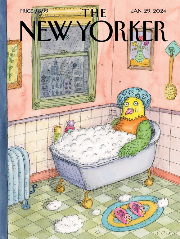 A whimsical jigsaw puzzle titled 'BIRD BATH' by New York Puzzle Company, featuring a vibrant illustration of a bird relaxing in a bubble-filled bathtub, surrounded by colorful bathroom decor. The scene is playful and cartoonish, providing a fun and engaging puzzle experience.