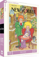 The Quiet Luxury jigsaw puzzle by New York Puzzle Company features a whimsical illustration from The New Yorker, showcasing a colorful scene with two stylish characters, elaborate decor, and intricate details. It's a 1000-piece puzzle that provides a fun and engaging challenge for puzzle enthusiasts.