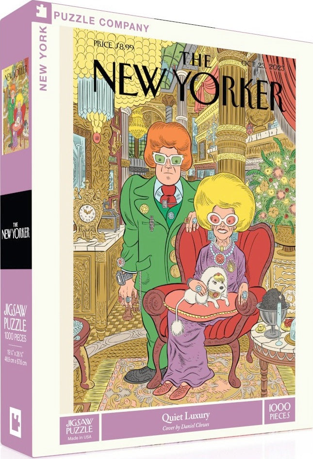 The Quiet Luxury jigsaw puzzle by New York Puzzle Company features a whimsical illustration from The New Yorker, showcasing a colorful scene with two stylish characters, elaborate decor, and intricate details. It's a 1000-piece puzzle that provides a fun and engaging challenge for puzzle enthusiasts.