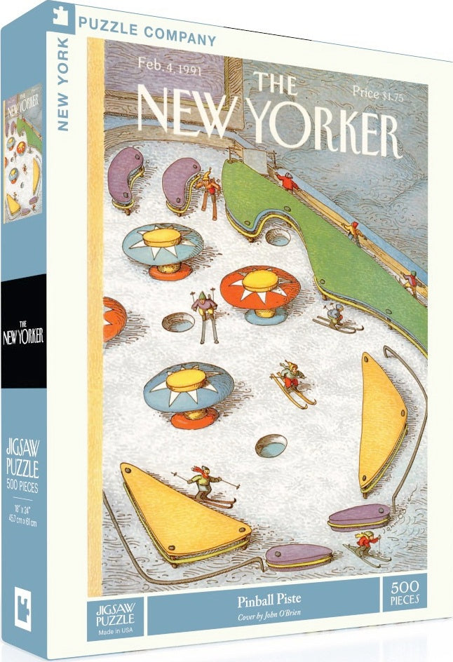 Jigsaw puzzle titled 'Pinball Piste' by New York Puzzle Company, featuring a colorful illustration from the February 4, 1991 issue of The New Yorker. The puzzle depicts whimsical pinball machines and playful characters engaged in a fun atmosphere, perfect for puzzle enthusiasts and fans of vintage magazine art. It contains 500 pieces, providing a delightful challenge for all ages.