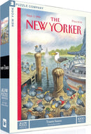 TOURIST SEASON jigsaw puzzle featuring a whimsical illustration of pigeons wearing hats on a waterfront dock, designed by Peter de Seve, from a New Yorker cover dated Sept. 5, 1994, with 1000 pieces and measures 19 x 27 inches.