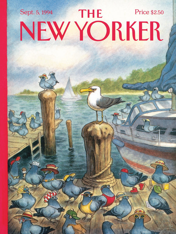 A colorful jigsaw puzzle featuring a whimsical illustration of birds in various hats and sunglasses gathered on a dock by the water, reminiscent of a lively summer scene. The puzzle captures the essence of a fun tourist season, showcasing these charming characters in a vibrant aquatic setting.