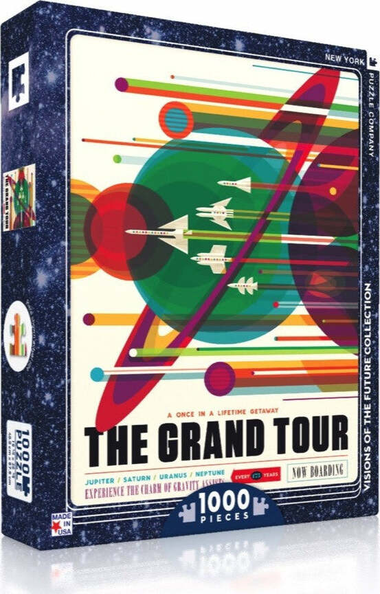 The Grand Tour jigsaw puzzle by New York Puzzle Company featuring a vibrant design inspired by space travel. The box displays colorful planets and spacecraft with the tagline "Experience the Grand Tour of Gravity" and a note on the 1000 pieces available in the puzzle.