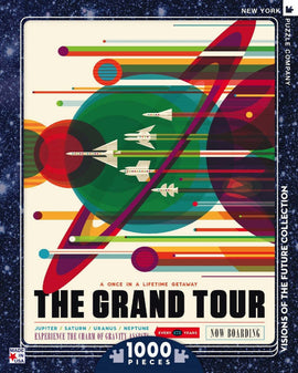 Jigsaw puzzle titled 'The Grand Tour' by New York Puzzle Company, featuring a colorful retro design of planets and spaceships. It includes 1000 pieces and is part of the 'Visions of the Future' collection, showcasing Jupiter, Saturn, Uranus, and Neptune in a whimsical cosmic exploration theme. Perfect for space enthusiasts and puzzle lovers alike.