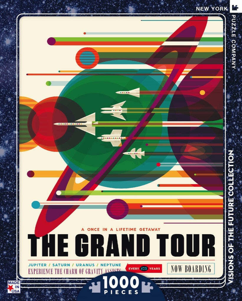 Jigsaw puzzle titled 'The Grand Tour' by New York Puzzle Company, featuring a colorful retro design of planets and spaceships. It includes 1000 pieces and is part of the 'Visions of the Future' collection, showcasing Jupiter, Saturn, Uranus, and Neptune in a whimsical cosmic exploration theme. Perfect for space enthusiasts and puzzle lovers alike.