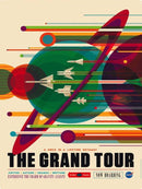The Grand Tour jigsaw puzzle features a vibrant and retro-inspired design showcasing colorful planets and rockets, evoking a sense of adventure and space exploration. The artwork includes celestial elements representing Jupiter, Saturn, Uranus, and Neptune, surrounded by dynamic lines and circles, creating a visually appealing piece ideal for puzzle enthusiasts and space lovers alike.